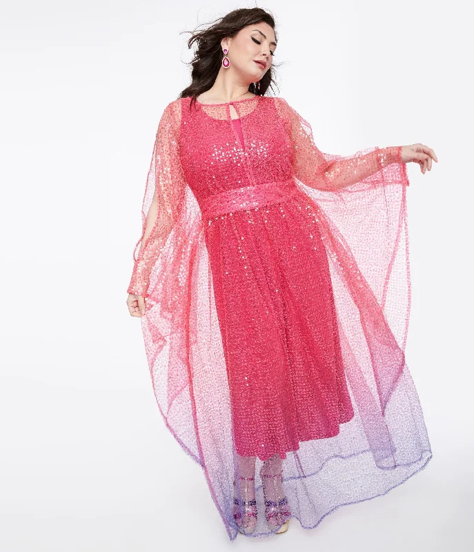 Plus Size Women Dress with a Flattering A - Line Cut for Comfort and StyleUnique Vintage Plus Size 1970s Sheer Pink & Purple Ombre Sequin Flutter Sleeve Caftan