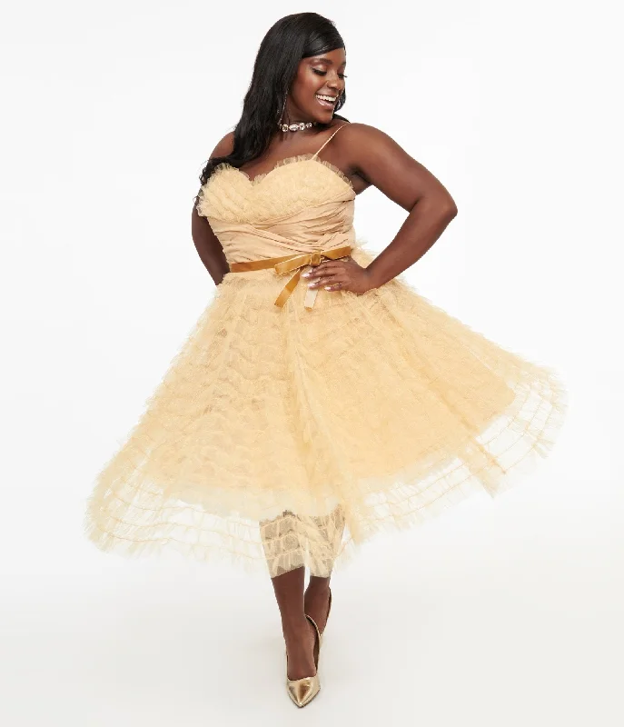 Off - the - Shoulder Women Dress for a Romantic and Feminine LookUnique Vintage Plus Size 1950s Gold Glitter Tulle Cupcake Swing Dress