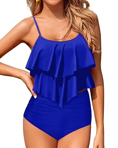 UV - protection bikini for safe sun exposure during beach daysTwo Piece Ruffled Bikini Tops With Adjustable Straps Swimsuits For Women-Royal Blue