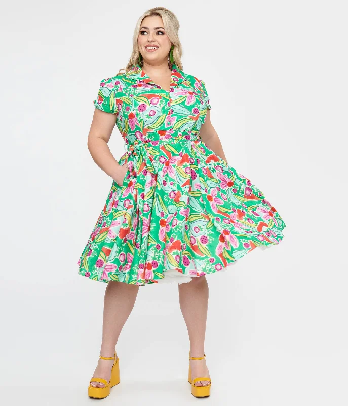 Maxi Women Dress with Floral Print for a Bohemian VibePlus Size 1950s Green & Pink Berry Bloom Print Monroe Fit & Flare Dress