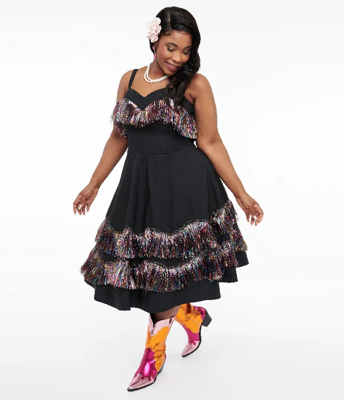 Empire Waist Women Dress to Accentuate the Bust and Conceal the WaistUnique Vintage Plus Size Black & Rainbow Fringe Girlie Swing Dress