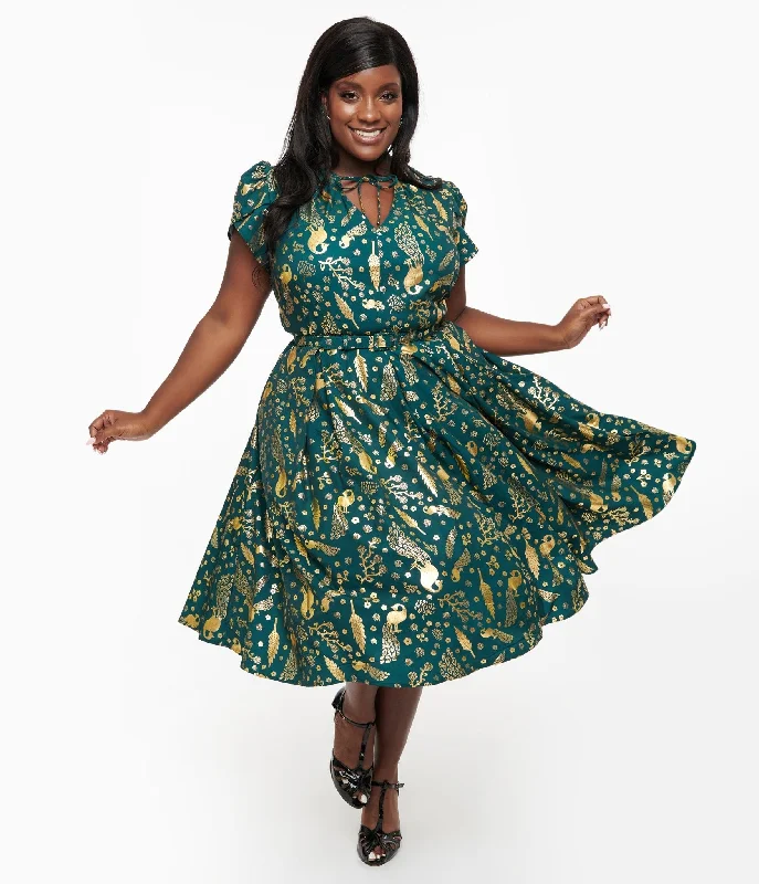 Strapless Women Dress with a Built - in Bra for Comfort and SupportUnique Vintage Plus Size 1940s Green & Gold Peacock Print Dahlia Swing Dress