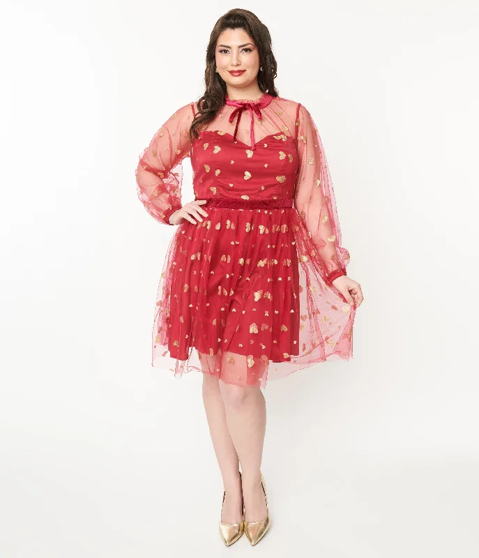 Ruffled Women Dress with Multiple Layers for a Playful and Girly StyleUnique Vintage Plus Size Red & Gold Glitter Heart Flare Dress