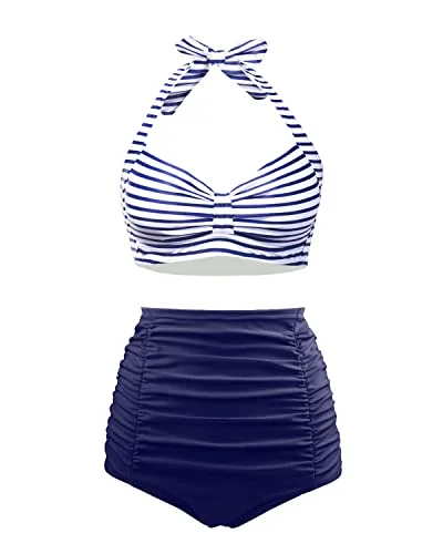 Push - up bikini top to enhance the bust for a confident beach appearanceWomen's Ruched High Waisted Bikini Set Vintage Halter 2 Piece Swimsuit