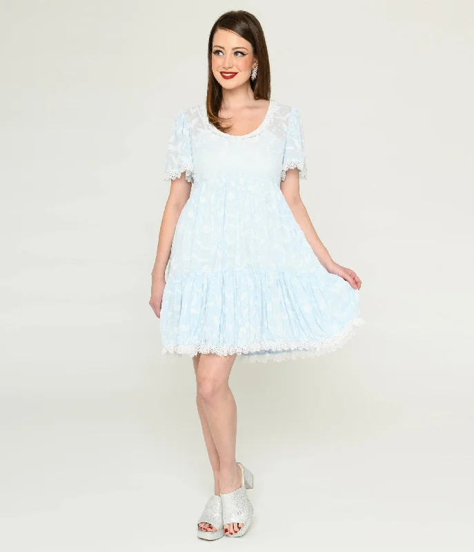 Halter Neck Women Dress to Show Off the Shoulders and NecklineIce Blue Bat & Moon Flocked Babydoll Dress