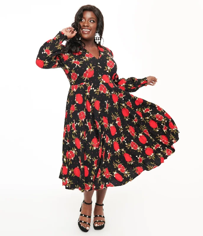 Mini Women Dress with a Short Hem for a Young and Trendy StyleBanned Plus Size 1940s Black & Red Pomegranate Midi Dress