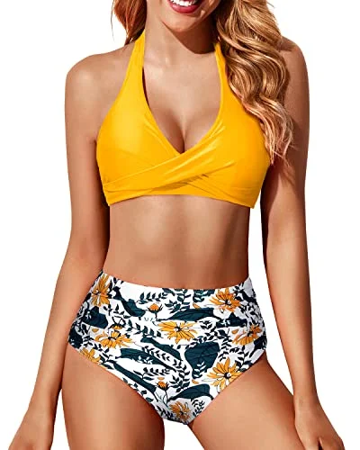 Convertible bikini that can be worn in multiple styles for versatilityRuched Twist Front Bikini Top With Bottoms High Waisted Swimsuit-Yellow Floral