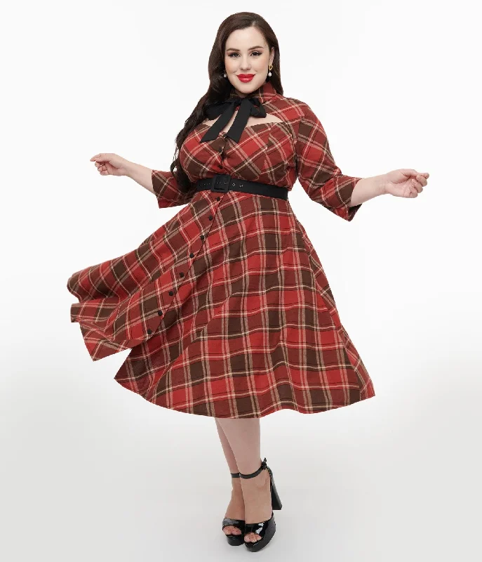 Ball Gown Women Dress with a Full Skirt for a Princess - like LookUnique Vintage Plus Size 1950s Red & Brown Bias Plaid Swing Dress