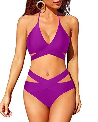 High - performance bikini with quick - drying fabric for active swimmersCut Out Criss Cross Bathing Suit With High Waisted Bottoms-Purple