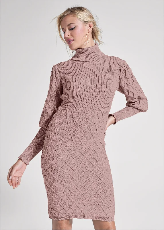 Plus Size Women Dress with a Flattering A - Line Cut for Comfort and StylePuff Detail Sweater Dress - Tan