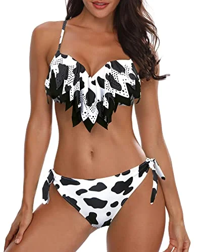 Striped bikini with a classic pattern for a timeless beach aestheticFlattering Sexy Two Piece Swimsuit With High Cut Low Rise Bikini Bottom-Black And White Cow Pattern