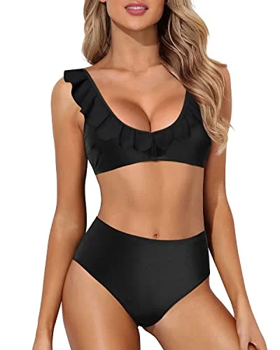 String bikini for a minimalistic and sexy beach styleRuffle Two Piece Bikini Sets Swimsuit High Waisted Bathing Suit-Black