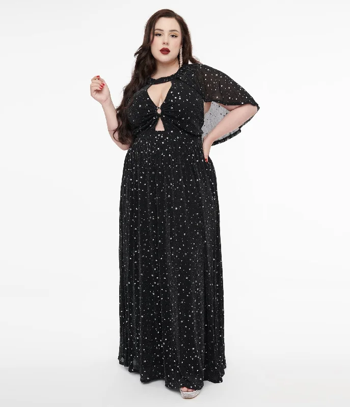 Backless Women Dress for a Sexy and Alluring Look at Evening EventsSmak Parlour Plus Size 1970s Black & Silver Star Cape Maxi Dress