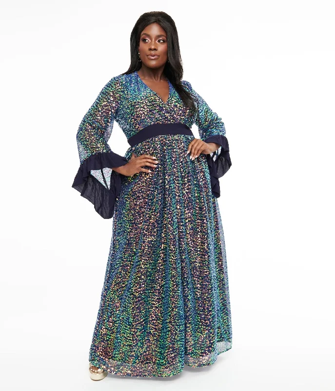 Strapless Women Dress with a Built - in Bra for Comfort and SupportUnique Vintage Plus Size 1970s Navy Glitter Sequin Maxi Dress