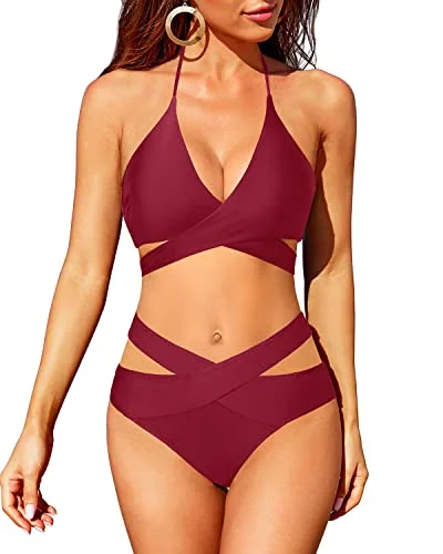 Plus - size bikini with full - coverage options for comfort and confidenceHigh Waisted Bikini Swimsuit Push Up Halter Wrap Criss Cross 2 Piece Set-Maroon