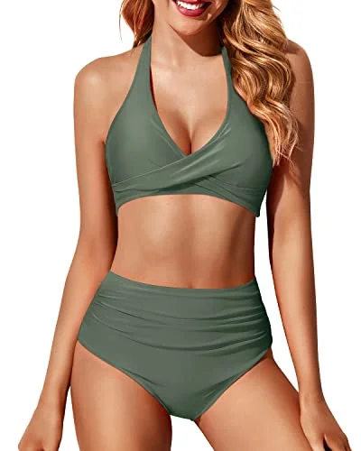 Sustainable bikini made from recycled materials for eco - conscious beachgoersTwist Front Halter Bikini Set With High Waisted Bottoms For Women-Olive Green