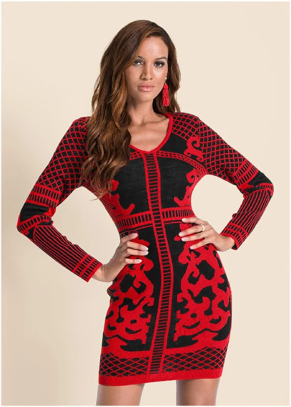 Off - the - Shoulder Women Dress for a Romantic and Feminine LookPrinted Sweater Dress - Black & Red