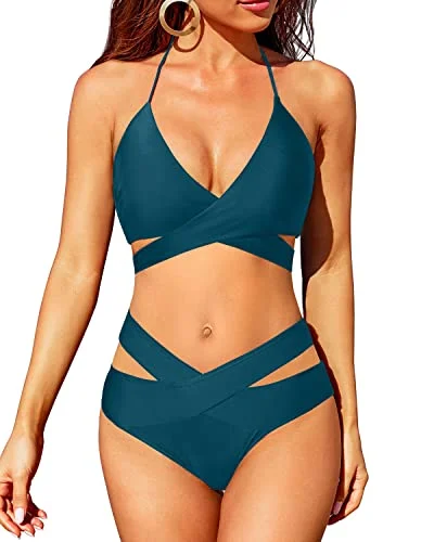 High - waisted bikini for a retro and tummy - flattering lookCrossed V Shaped Waist Criss Cross Front Women's Swimsuit-Teal