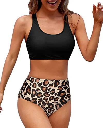 Lace - trimmed bikini for an elegant and romantic touchSporty Women High Waisted Two Piece Bikini Sports Crop Top Swimsuit-Black And Leopard