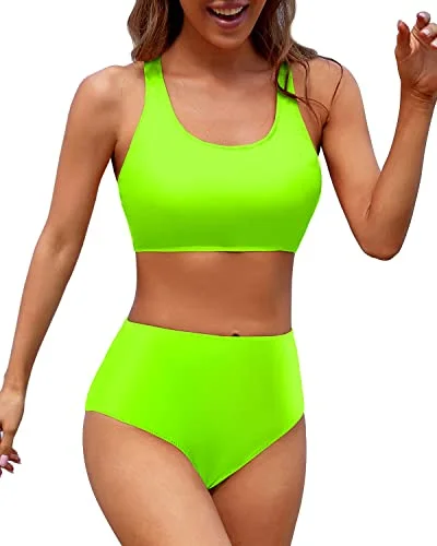 Push - up bikini top to enhance the bust for a confident beach appearanceCriss Cross Back Women's High Waisted Two Piece Bikini Sports Crop Top Swimsuit-Neon Green