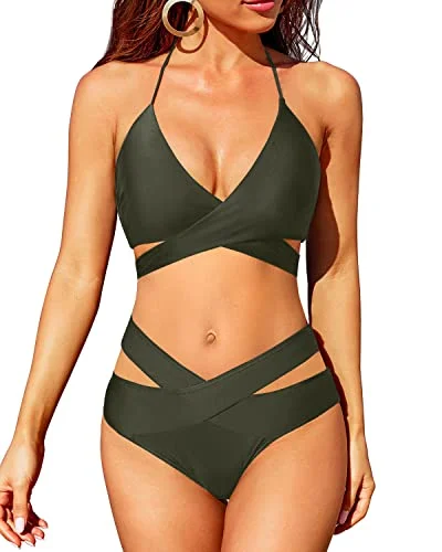 High - performance bikini with quick - drying fabric for active swimmersCrossed V Shaped Waist Wrap Bandage Bikini Halter Neck Swimsuit-Army Green