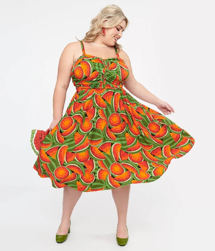 Halter Neck Women Dress to Show Off the Shoulders and NecklinePlus Size 1950s Red & Green Watermelon Print Eden Fit & Flare Dress