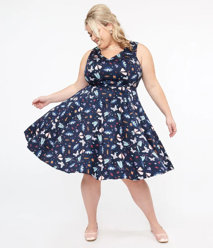 Mini Women Dress with a Short Hem for a Young and Trendy StylePlus Size Navy & Multicolor Bug Cotton Swing Dress