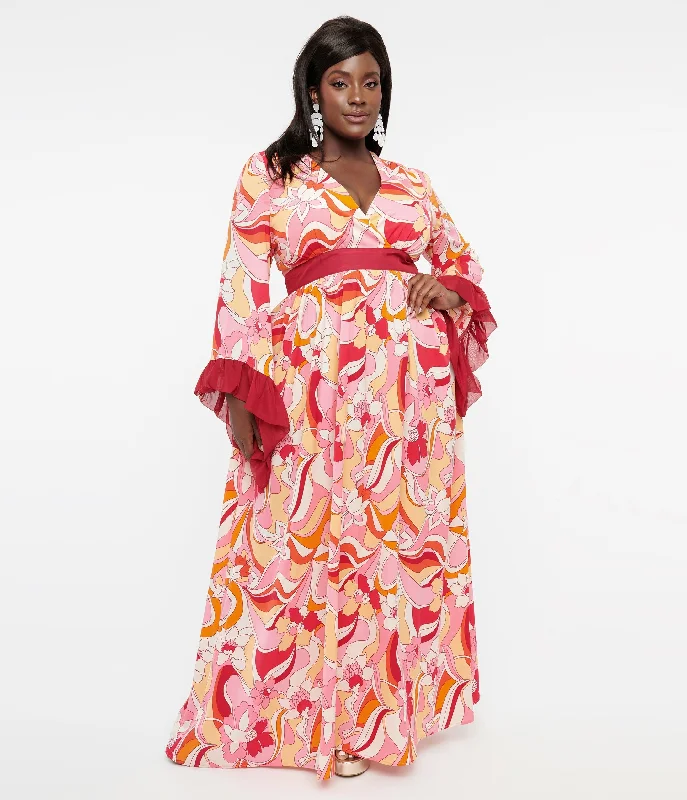 Ruffled Women Dress with Multiple Layers for a Playful and Girly StyleUnique Vintage Plus Size 1970s Pink & Red Psychedelic Floral Maxi Dress