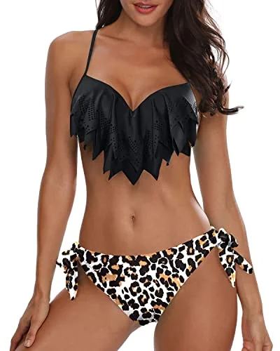 Convertible bikini that can be worn in multiple styles for versatilityCheeky Push Up Underwire Bikini Sets Sexy Bathing Suits-Black And Leopard