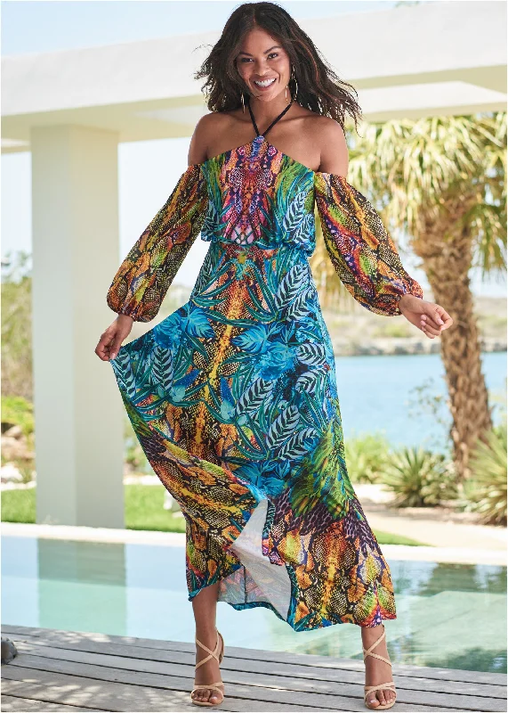 Wrap - Style Women Dress with Adjustable Fit for All Body TypesPrinted Maxi Dress - Blue Multi