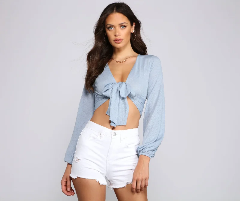 Lightweight Women Long Sleeve Top for Spring and AutumnStyle Glowup Tie Front Top