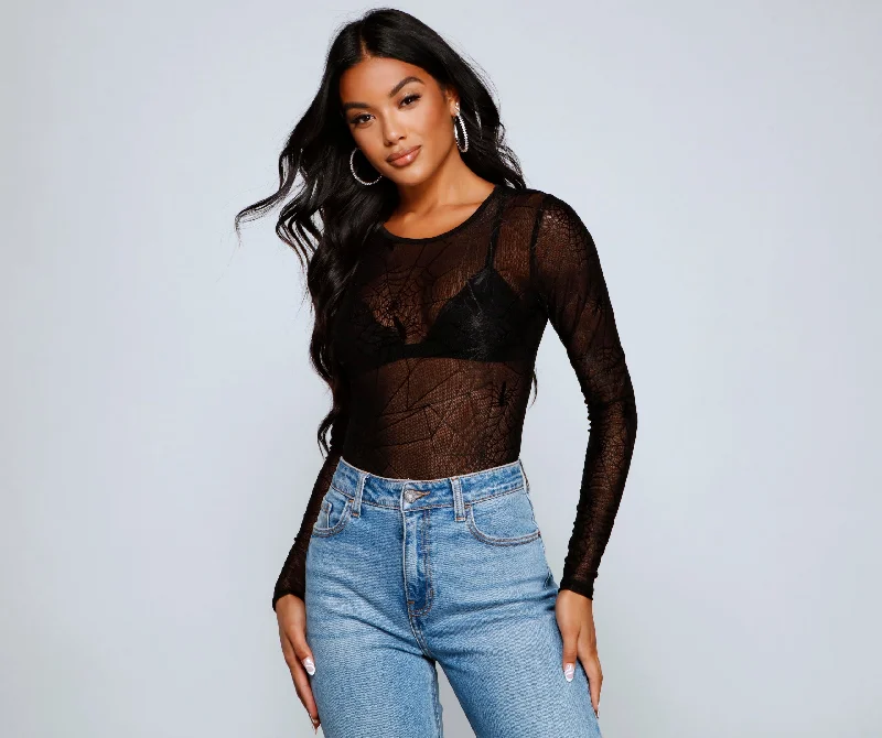 Ribbed Women Long Sleeve Top with a Textured AppealChillingly Chic Sheer Mesh Bodysuit