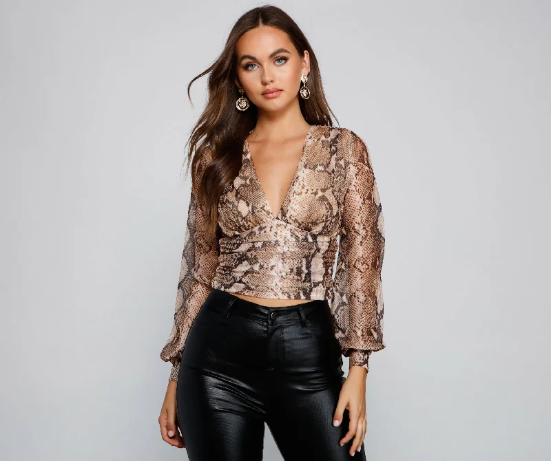 Puffer - Sleeve Women Long Sleeve Top for a Fashion - Forward LookAlluring And Chic Snake Print Top