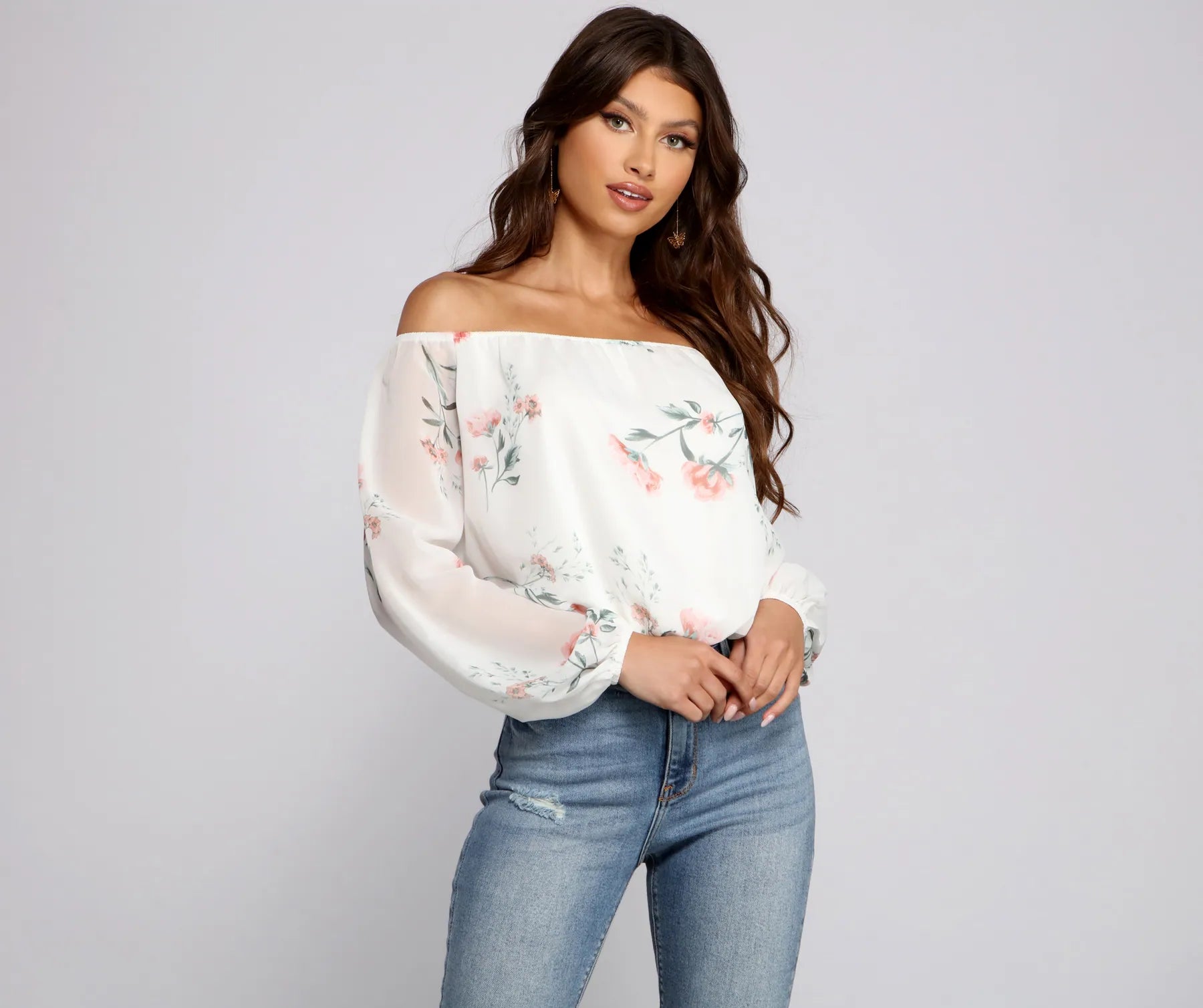 Ruffled Cuff Women Long Sleeve Top with a Feminine TouchOff The Shoulder Floral Darling Blouse