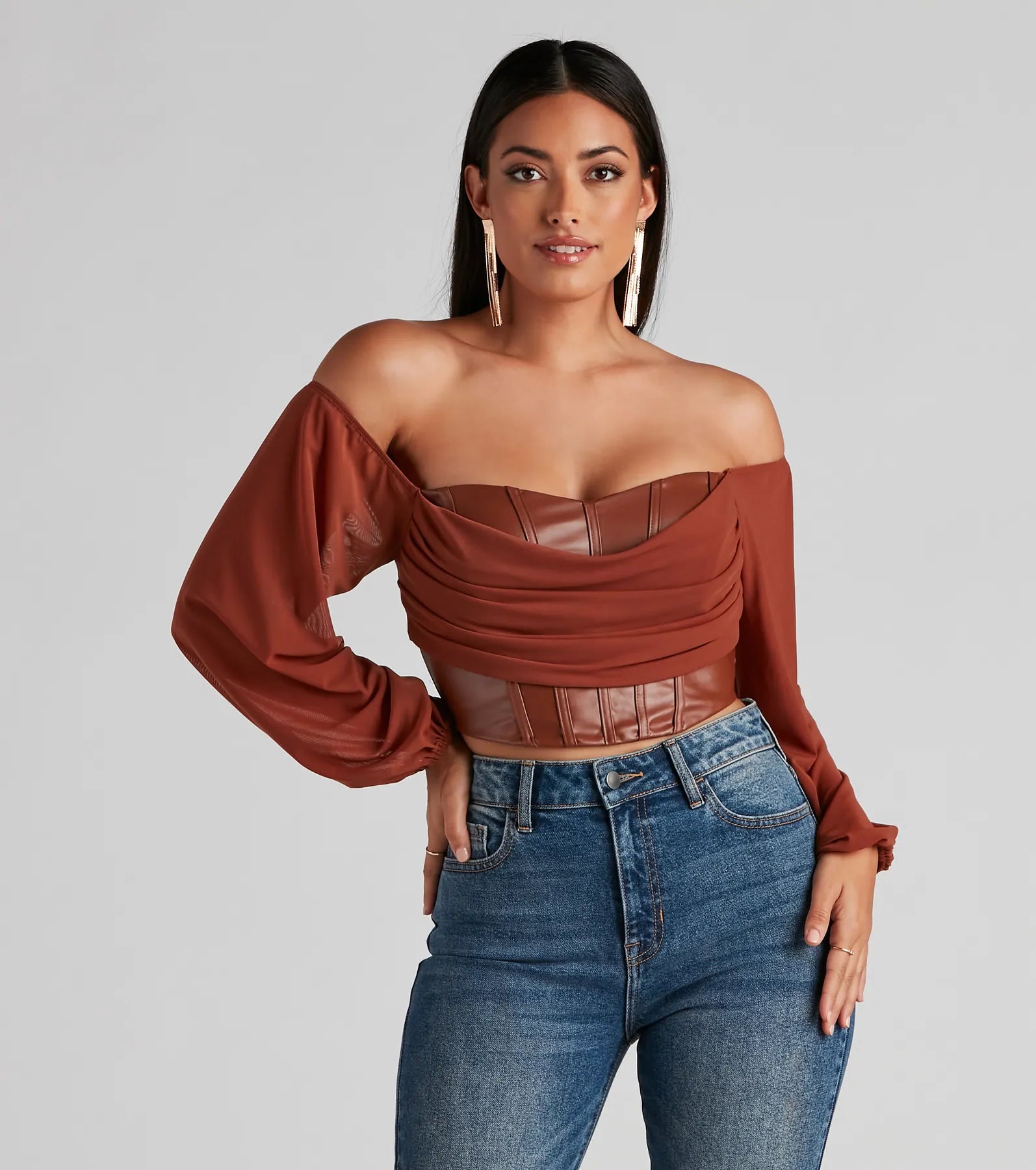 Metallic Accent Women Long Sleeve Top for a Glamorous LookEdgy Luxe Off The Shoulder Corset Top