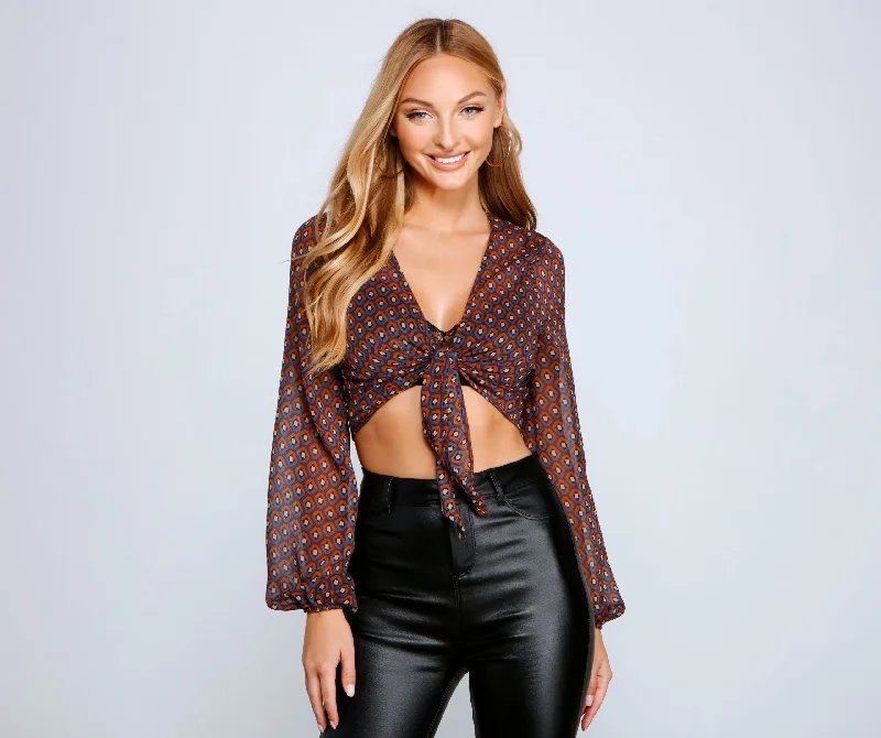 Lightweight Women Long Sleeve Top for Spring and AutumnGeometric Chic Tie Front Top