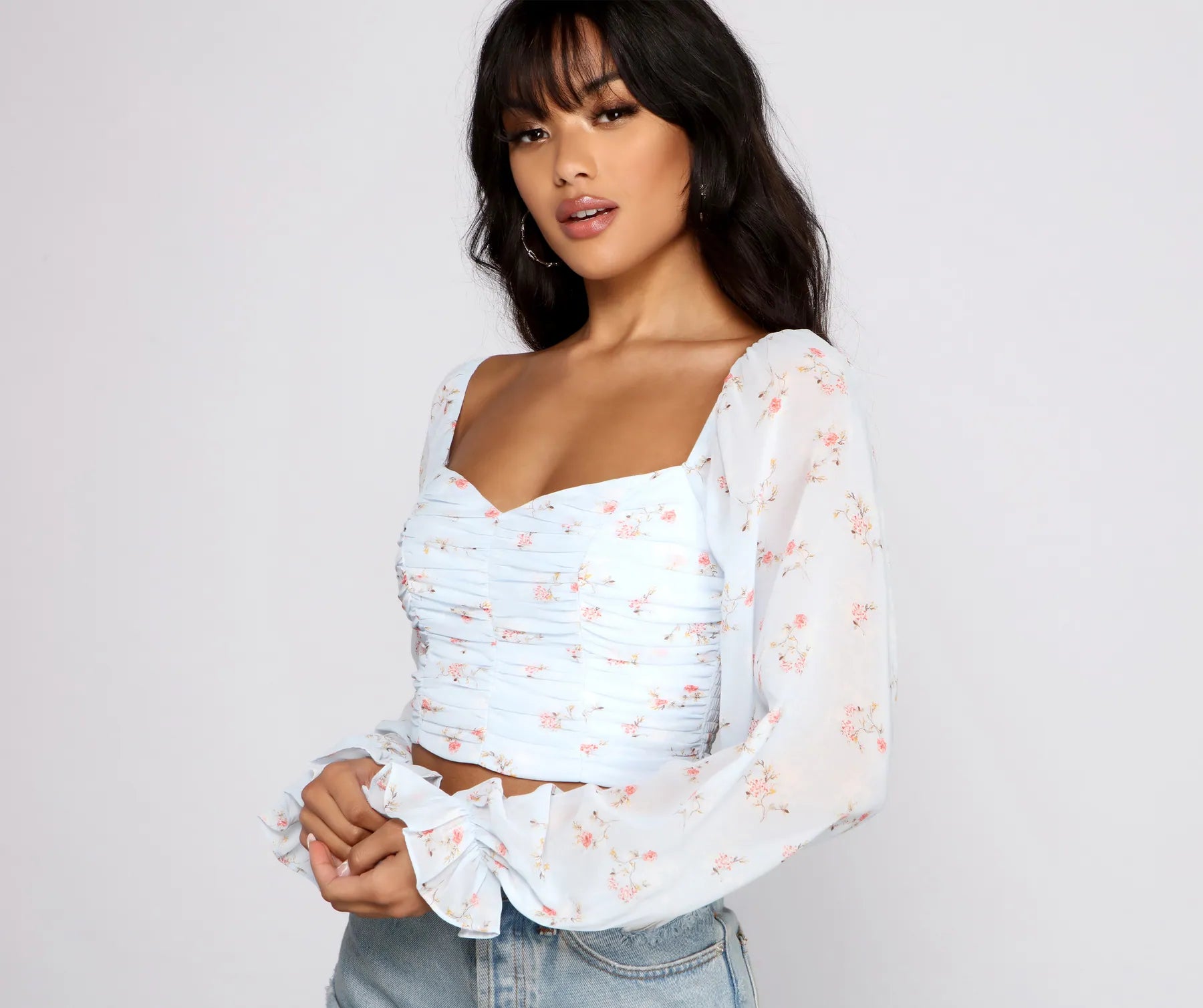 Cropped Women Long Sleeve Top to Pair with High - Waisted BottomsFloral Blossoms Chiffon Ruched Crop Top