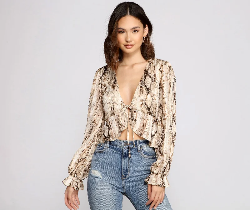 Organic Cotton Women Long Sleeve Top for Eco - Friendly ComfortFab N'Fierce Snake Print Ruffled Top