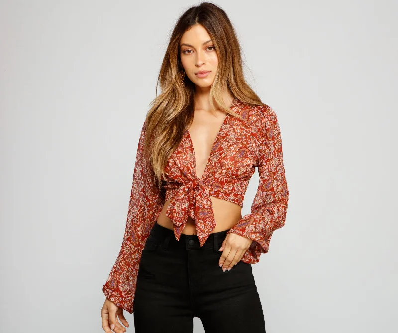 Puffer - Sleeve Women Long Sleeve Top for a Fashion - Forward LookRetro Babe Chiffon Paisley Print Tie-Front Blouse