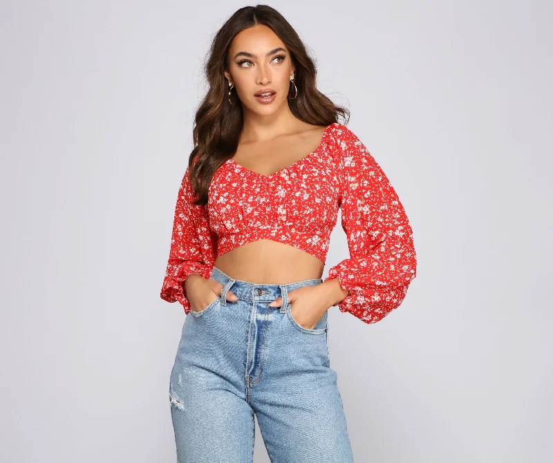 Lightweight Women Long Sleeve Top for Spring and AutumnPretty Fab Off The Shoulder Ditsy Floral Top