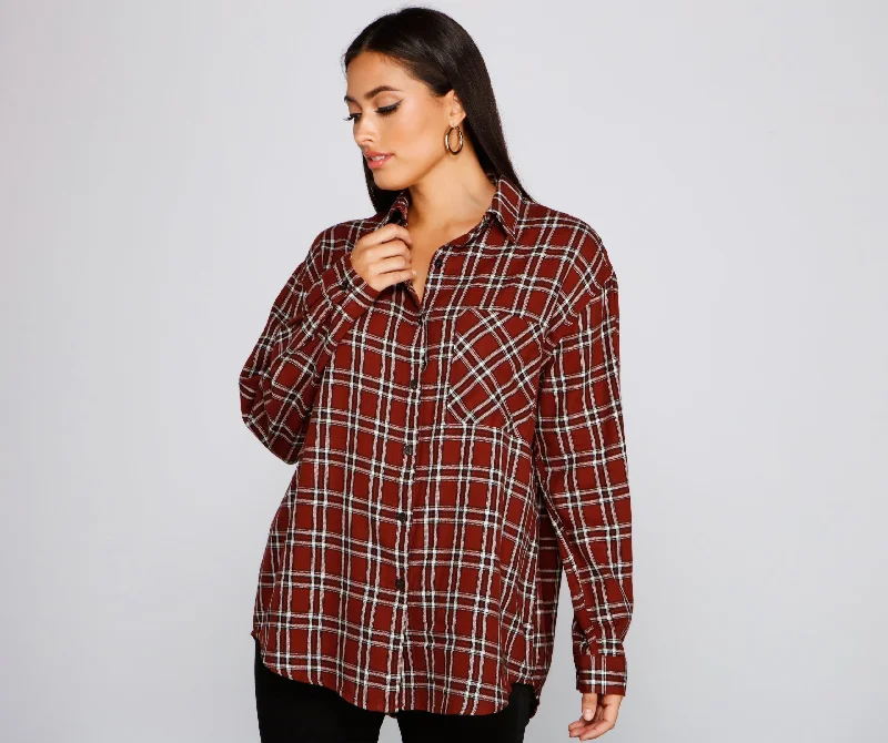 Ribbed Women Long Sleeve Top with a Textured AppealMad About It Plaid Button Down Shirt