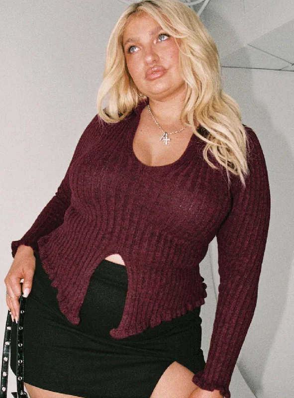 Thermal Women Long Sleeve Top for Extra Warmth in WinterLahey Long Sleeve Polo Knit Maroon Curve