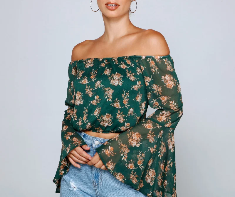 Ribbed Women Long Sleeve Top with a Textured AppealFloral Passion Off The Shoulder Chiffon Top