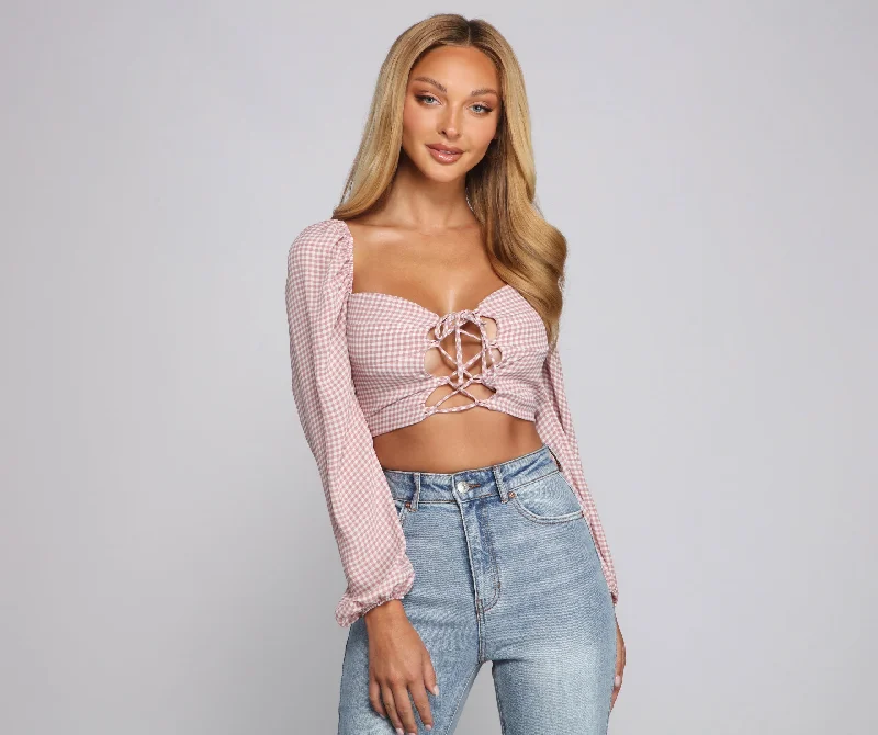 Metallic Accent Women Long Sleeve Top for a Glamorous LookLace-Up Gingham Crop Top