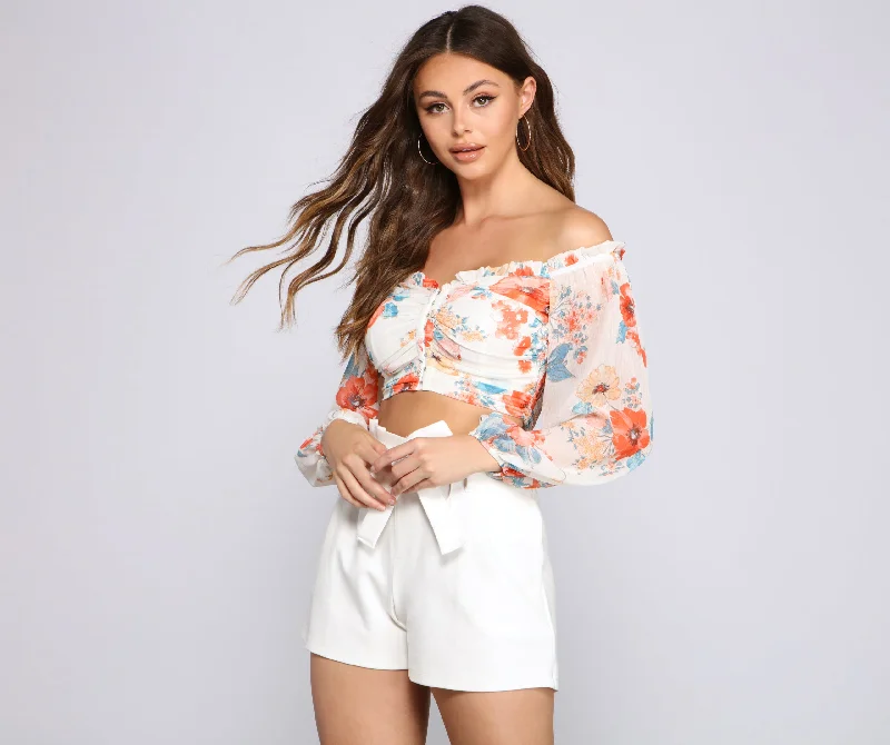 Floral Printed Women Long Sleeve Top for a Romantic LookFresh Floral Chiffon Corset Top