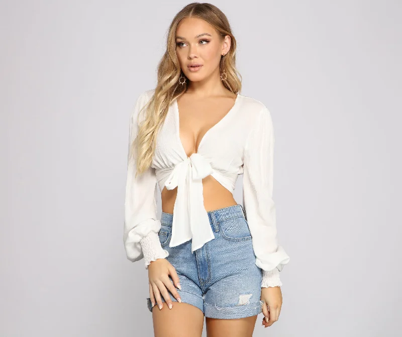 Puffer - Sleeve Women Long Sleeve Top for a Fashion - Forward LookTwist Of Fab Gauze Tie Front Crop Top