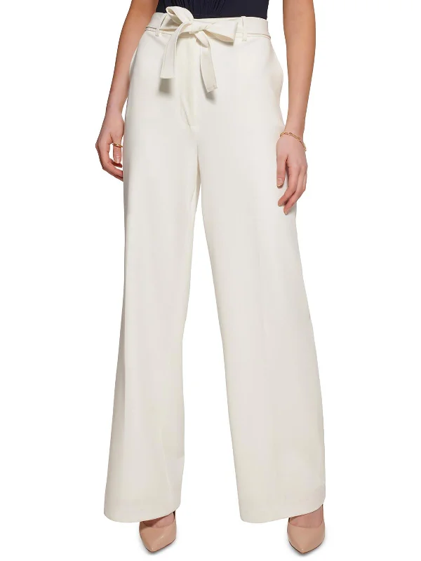 Womens Tie Waist High Rise Wide Leg Pants