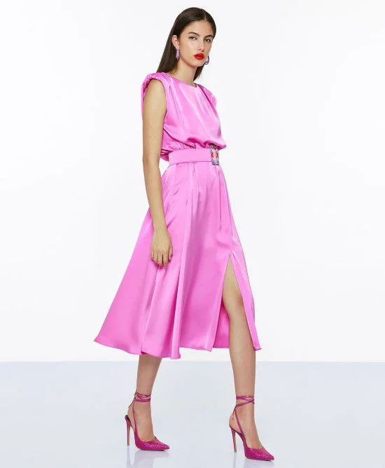 Open - Front Women Sweater for Easy LayeringAccess Pink Pink Midi Satin Dress With Belt