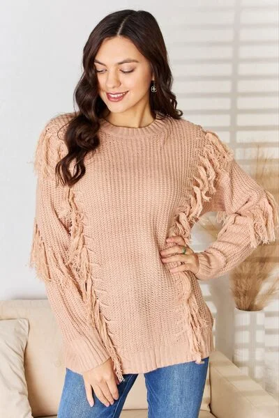 Hooded Women Sweater for Added Comfort and StyleAnd The Why Tassel Detail Long Sleeve Sweater