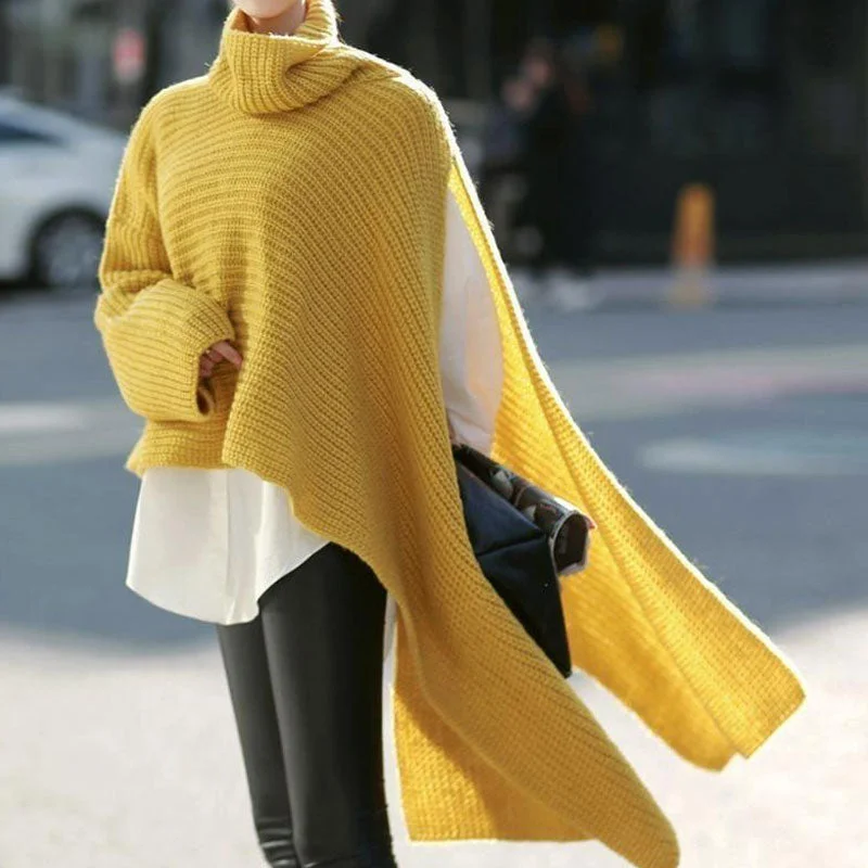 Turtleneck Women Sweater for a Classic and Elegant StyleAsymmetric High Low Hem Split Drop Shoulder Funnel Neck Oversized Sweater